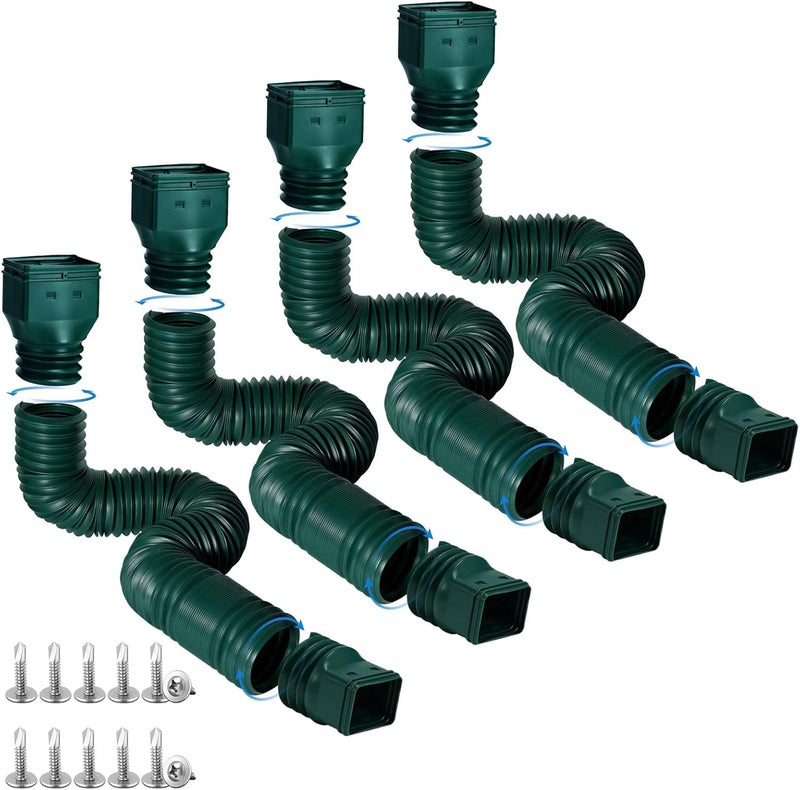 plusgutter 4 Pack Rain Gutter Downspout Extensions Flexible, Drain Downspout Extender,Down Spout Drain Extender, Gutter Connector Rainwater Drainage,Extendable from 21 to 68 Inches(Green) - Image 1